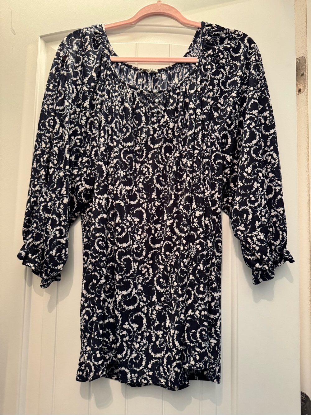 Cato Navy and White Printed Peasant Tunic